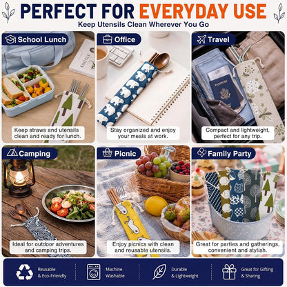 20 Pcs Straw Carrying Case Chopstick Case, Reusable Utensil Pouch Portable Travel Canvas Bag for Straws, Knife, Fork, Spoon, Chopsticks (Nature Beige Mix)