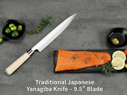 Sashimi Sushi Knife – 9.5 inch Japanese Yanagiba Slicing knife, Super Sharp Professional High Carbon Stainless Steel Single Bevel Fish Knife with Pakkawood Handle