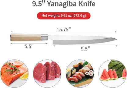 Sashimi Sushi Knife – 9.5 inch Japanese Yanagiba Slicing knife, Super Sharp Professional High Carbon Stainless Steel Single Bevel Fish Knife with Pakkawood Handle
