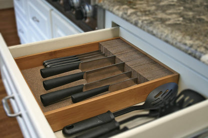 Deluxe Knife Drawer Organizer – Large Bamboo In-Drawer Knife Block – Space-Saving Kitchen Knife Storage Insert for Safe, Easy Access and Organization