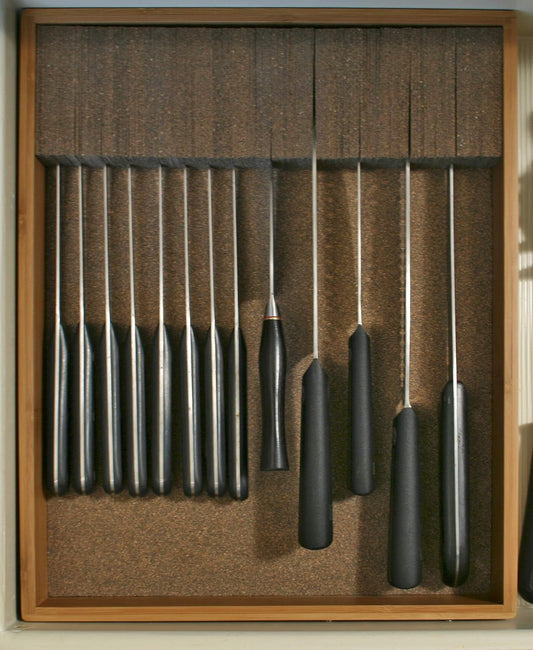 Deluxe Knife Drawer Organizer – Large Bamboo In-Drawer Knife Block – Space-Saving Kitchen Knife Storage Insert for Safe, Easy Access and Organization