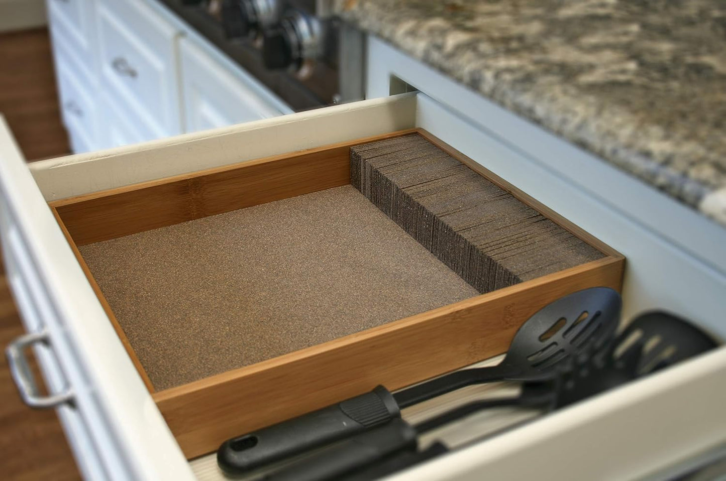 Deluxe Knife Drawer Organizer – Large Bamboo In-Drawer Knife Block – Space-Saving Kitchen Knife Storage Insert for Safe, Easy Access and Organization