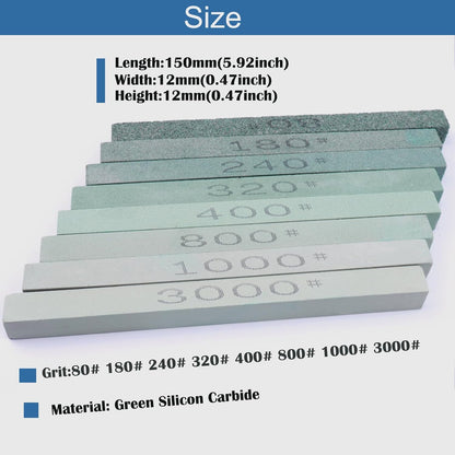 8 pcs Rectangular Shaped Sharpening Stone Sticks Set, 5.92inch Green Silicon Carbide Stones, Grit Sizes 80#-3000# for Models, Metal, & Knife Cutting Tools