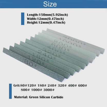 8 pcs Rectangular Shaped Sharpening Stone Sticks Set, 5.92inch Green Silicon Carbide Stones, Grit Sizes 80#-3000# for Models, Metal, & Knife Cutting Tools