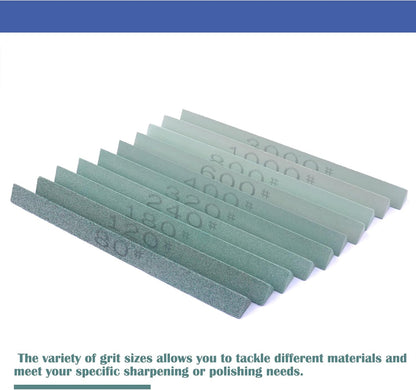 8 pcs Rectangular Shaped Sharpening Stone Sticks Set, 5.92inch Green Silicon Carbide Stones, Grit Sizes 80#-3000# for Models, Metal, & Knife Cutting Tools