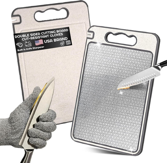 Double-Sided Stainless Steel Cutting Board for Meat & Vegetables – Non-Toxic, Easy to Clean, Includes Cut-Resistant Gloves & Sharpener