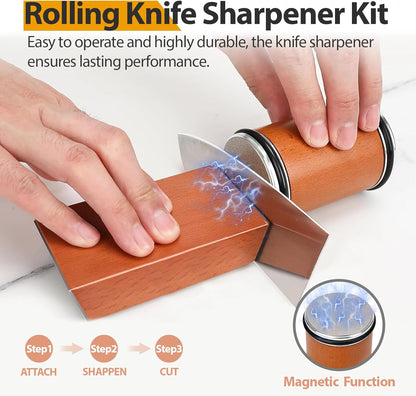 Rolling Knife Sharpener Kit, Magnetic Knife Sharpener Roller, Rolling Sharpener for Knives, Kitchen Sharpening Tool Set with 15 & 20° Multi-Angles for Chef, Scissors, Birthday gift, Christmas Gift
