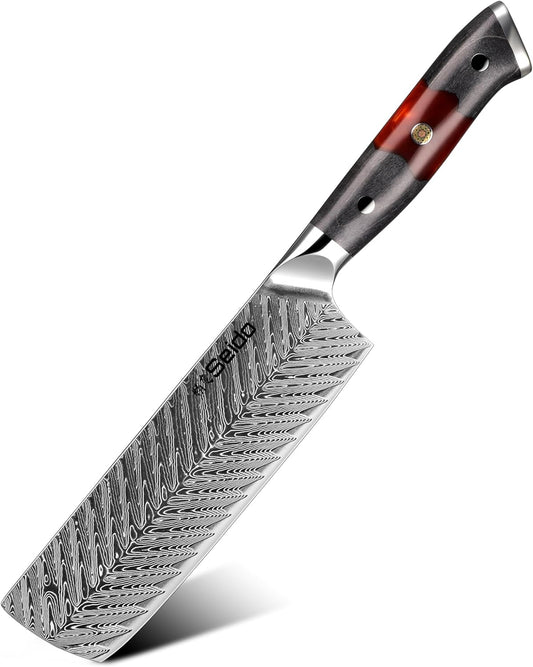 Seido Inferuno 7 Inch AUS-10 Damascus Nakiri Knife, Maple Resin Handle | 73-layer Damascus steel with AUS-10 core for vegetable chopping, slicing, and clean kitchen prep