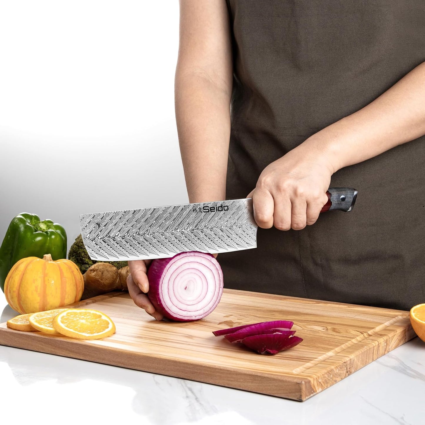 Seido Inferuno 7 Inch AUS-10 Damascus Nakiri Knife, Maple Resin Handle | 73-layer Damascus steel with AUS-10 core for vegetable chopping, slicing, and clean kitchen prep