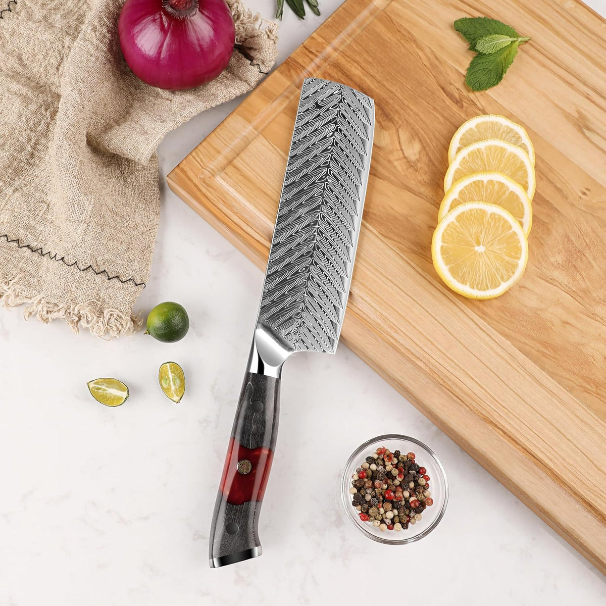 Seido Inferuno 7 Inch AUS-10 Damascus Nakiri Knife, Maple Resin Handle | 73-layer Damascus steel with AUS-10 core for vegetable chopping, slicing, and clean kitchen prep