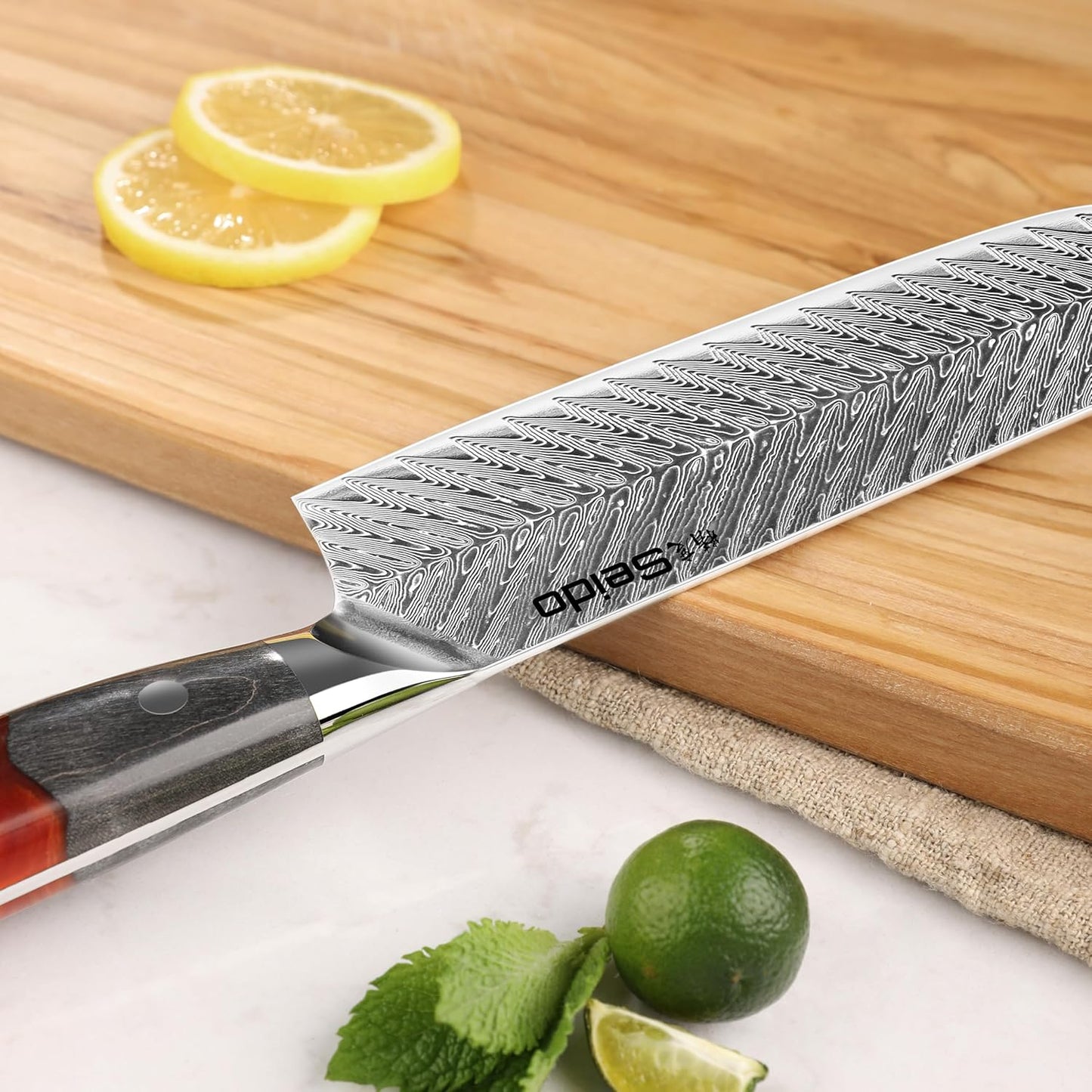 Seido Inferuno 7 Inch AUS-10 Damascus Nakiri Knife, Maple Resin Handle | 73-layer Damascus steel with AUS-10 core for vegetable chopping, slicing, and clean kitchen prep