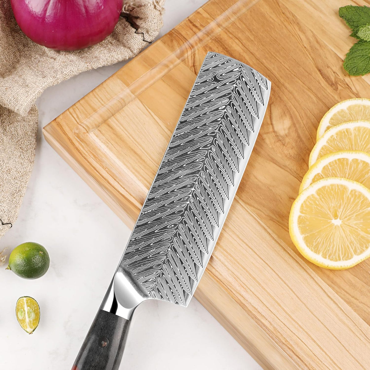 Seido Inferuno 7 Inch AUS-10 Damascus Nakiri Knife, Maple Resin Handle | 73-layer Damascus steel with AUS-10 core for vegetable chopping, slicing, and clean kitchen prep