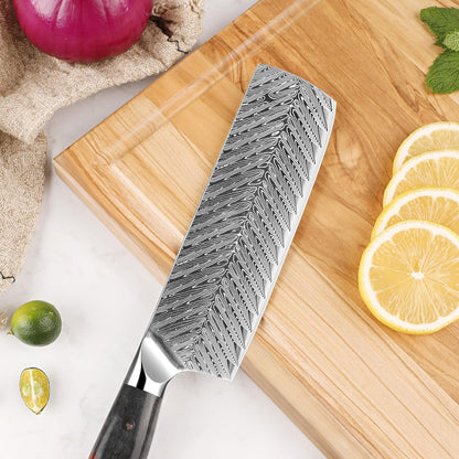 Seido Inferuno 7 Inch AUS-10 Damascus Nakiri Knife, Maple Resin Handle | 73-layer Damascus steel with AUS-10 core for vegetable chopping, slicing, and clean kitchen prep