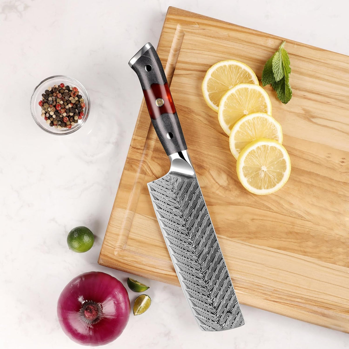 Seido Inferuno 7 Inch AUS-10 Damascus Nakiri Knife, Maple Resin Handle | 73-layer Damascus steel with AUS-10 core for vegetable chopping, slicing, and clean kitchen prep
