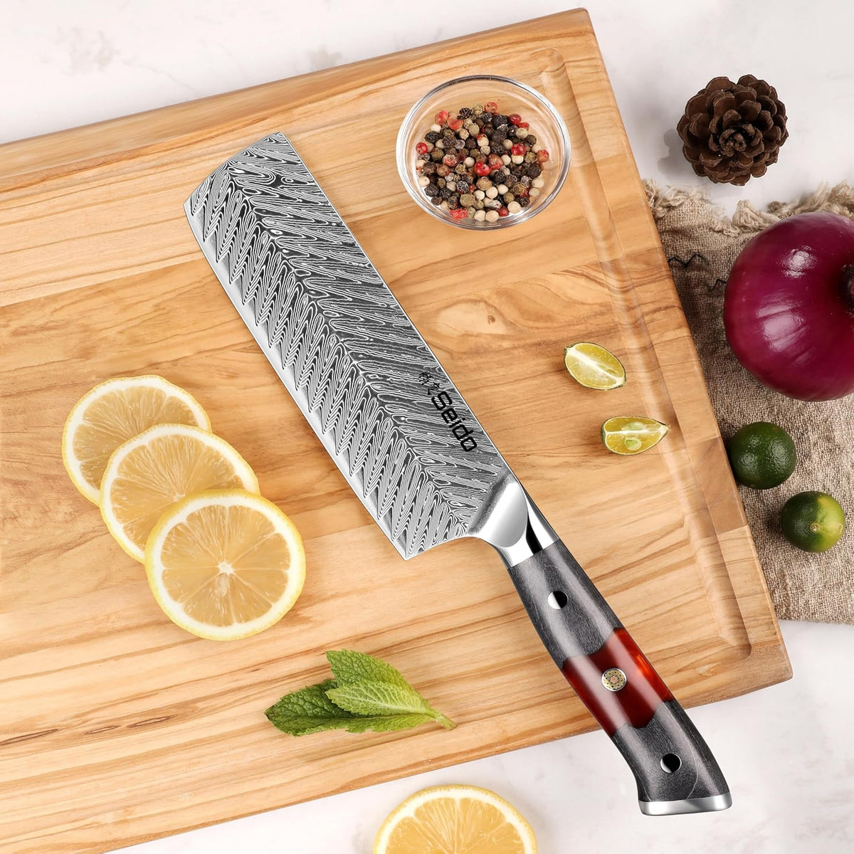 Seido Inferuno 7 Inch AUS-10 Damascus Nakiri Knife, Maple Resin Handle | 73-layer Damascus steel with AUS-10 core for vegetable chopping, slicing, and clean kitchen prep