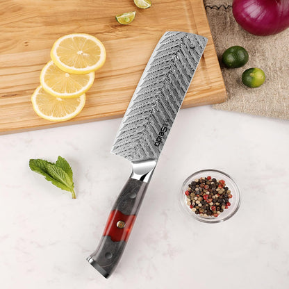 Seido Inferuno 7 Inch AUS-10 Damascus Nakiri Knife, Maple Resin Handle | 73-layer Damascus steel with AUS-10 core for vegetable chopping, slicing, and clean kitchen prep