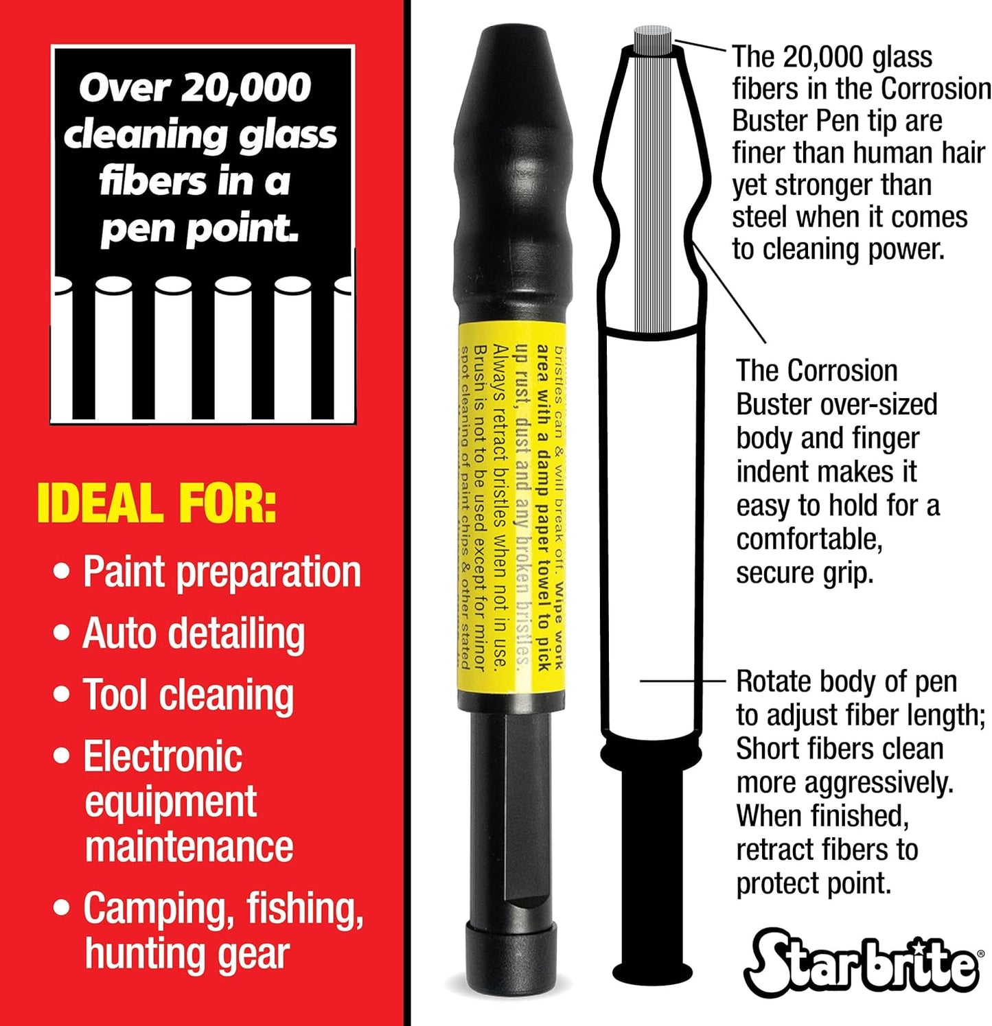 Corrosion Buster Pen - Precision Rust and Corrosion Removal Tool for Electrical Connections, Marine Gear, Fishing Equipment and More - Easy Grip, Adjustable Fiber Length