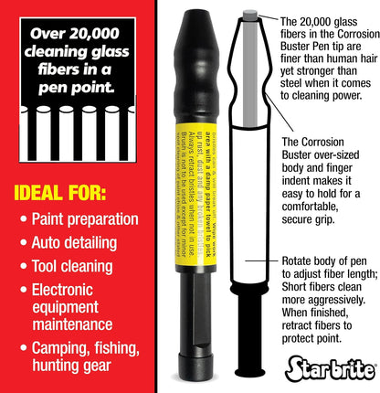 Corrosion Buster Pen - Precision Rust and Corrosion Removal Tool for Electrical Connections, Marine Gear, Fishing Equipment and More - Easy Grip, Adjustable Fiber Length