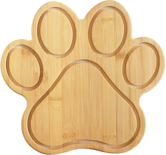 Dog Paw Shaped Cutting and Charcuterie Board, 11 x 10 in | Bamboo paw-shaped serving board with juice grooves for prep and entertaining. Built-in keyhole for easy wall display.