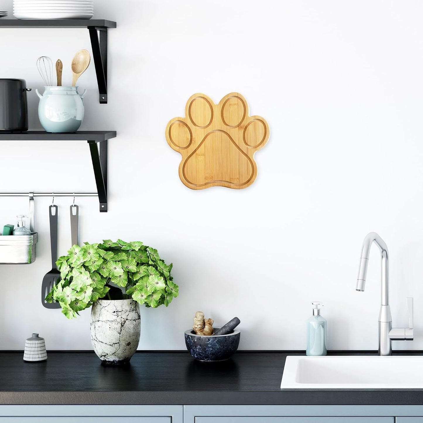 Dog Paw Shaped Cutting and Charcuterie Board, 11 x 10 in | Bamboo paw-shaped serving board with juice grooves for prep and entertaining. Built-in keyhole for easy wall display.