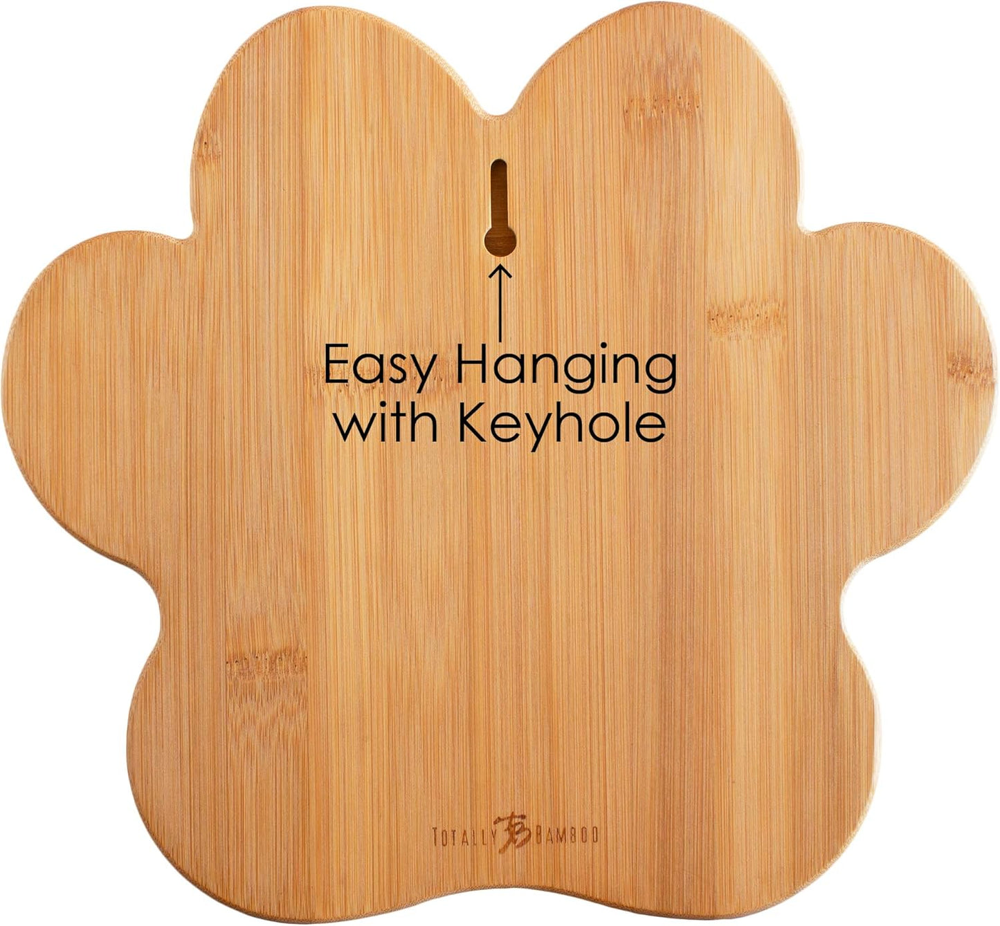 Dog Paw Shaped Cutting and Charcuterie Board, 11 x 10 in | Bamboo paw-shaped serving board with juice grooves for prep and entertaining. Built-in keyhole for easy wall display.