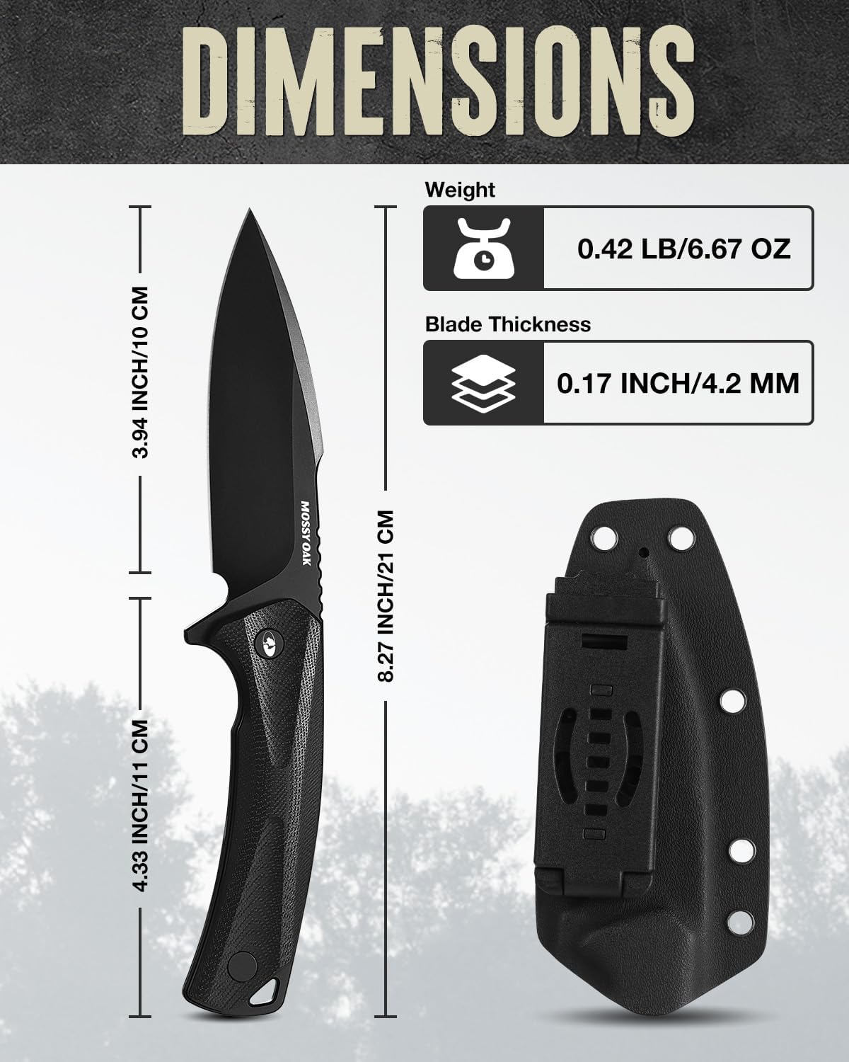 Mossy Oak 8 Inch Fixed Blade Knife with Kydex Sheath