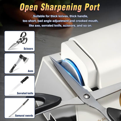 Professional Electric Knife Sharpeners with Diamond Abrasives and Precision Angle Guides, Multifunctional 4-Stage Slots and a hidden Knife Sharpener Rod, Suitable for various knives, scissors, axes
