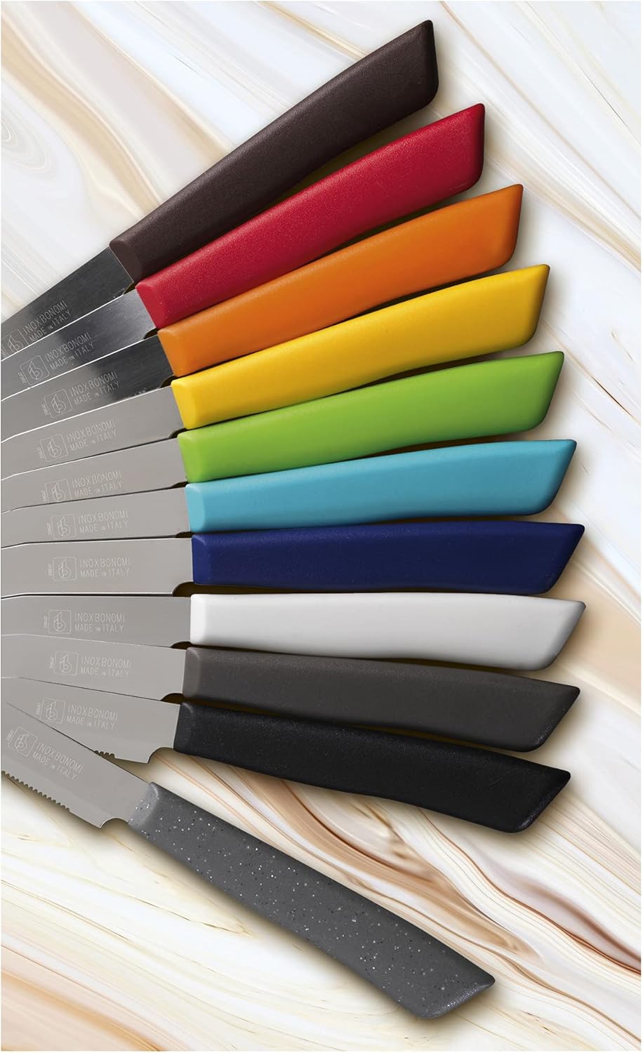 6 kitchen Knives - 4.3"/11cm Italian Stainless Steel Serrated Vegetable/Steak/Table Knife Cutlery, Rounded Tip (Red Handle)
