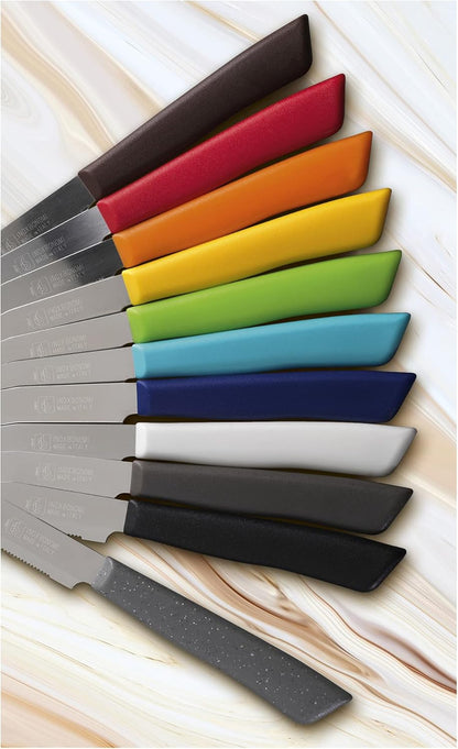 6 kitchen Knives - 4.3"/11cm Italian Stainless Steel Serrated Vegetable/Steak/Table Knife Cutlery, Rounded Tip (Red Handle)