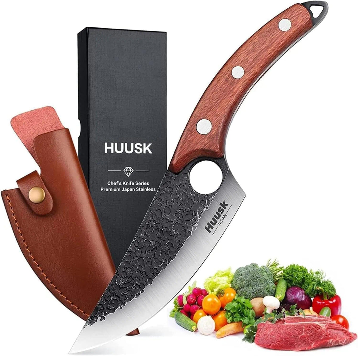 Huusk Japanese Meat Cleaver Knife, High Carbon Steel with Sheath | Hand Forged Japanese Style Blade, Multipurpose for Kitchen Camping BBQ, Holiday Gift for Thanksgiving & Christmas
