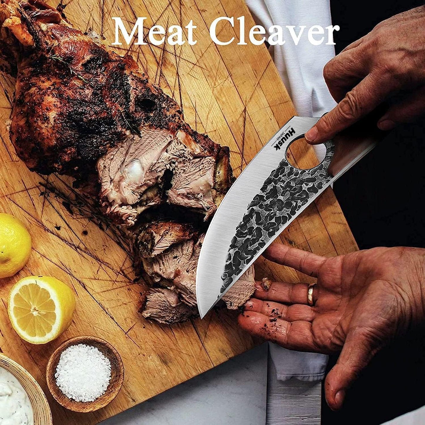 Huusk Japanese Meat Cleaver Knife, High Carbon Steel with Sheath | Hand Forged Japanese Style Blade, Multipurpose for Kitchen Camping BBQ, Holiday Gift for Thanksgiving & Christmas