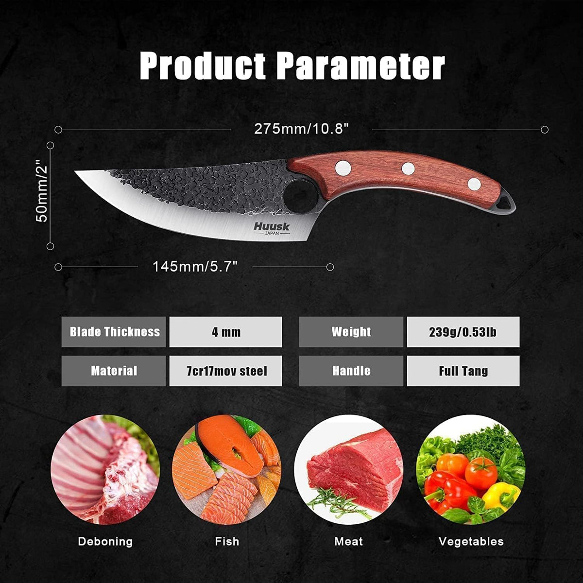 Huusk Japanese Meat Cleaver Knife, High Carbon Steel with Sheath | Hand Forged Japanese Style Blade, Multipurpose for Kitchen Camping BBQ, Holiday Gift for Thanksgiving & Christmas
