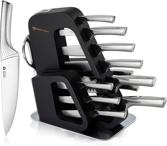 14 Pcs Kitchen Knife Set with Block, German Stainless Steel Knife Set with Built-in Sharpener, Dishwasher Safe Knife Block Set (Black, 14pcs)
