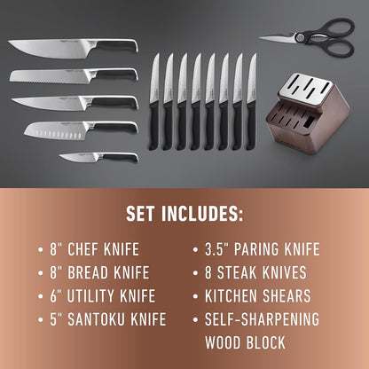 ® Premier™ SharpIN Knife Set with Sharpening Knife Block, 15 Piece, Carbon Steel
