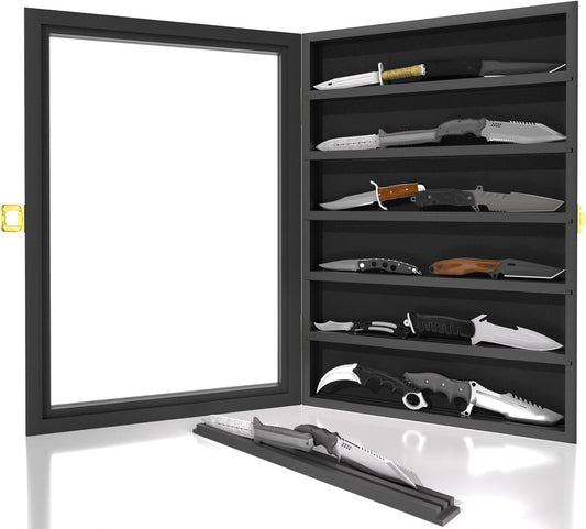 Knife Display Case for Collections, Pocket Knife Display Case with Acrylic Glass, Lockable Storage Cases with Removable Shelves, Wall-Mounted 6-Layer MDF Cabinet, Black