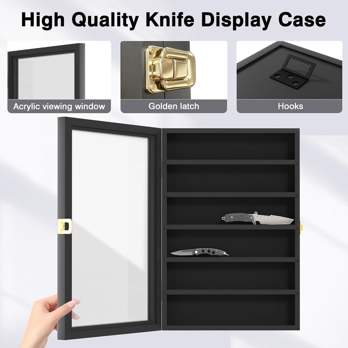 Knife Display Case for Collections, Pocket Knife Display Case with Acrylic Glass, Lockable Storage Cases with Removable Shelves, Wall-Mounted 6-Layer MDF Cabinet, Black