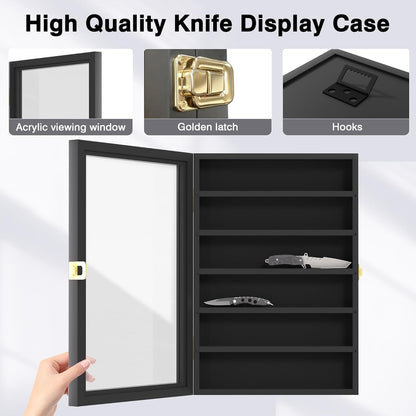 Knife Display Case for Collections, Pocket Knife Display Case with Acrylic Glass, Lockable Storage Cases with Removable Shelves, Wall-Mounted 6-Layer MDF Cabinet, Black