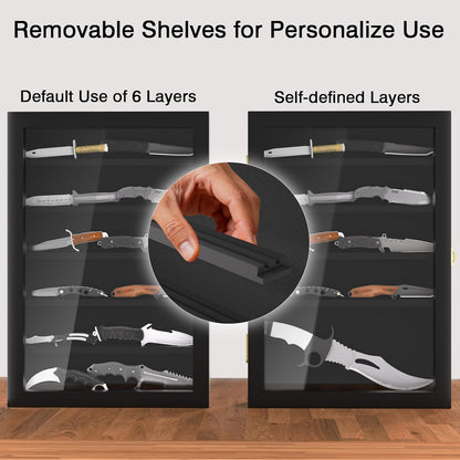 Knife Display Case for Collections, Pocket Knife Display Case with Acrylic Glass, Lockable Storage Cases with Removable Shelves, Wall-Mounted 6-Layer MDF Cabinet, Black
