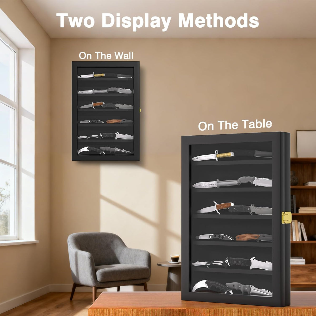 Knife Display Case for Collections, Pocket Knife Display Case with Acrylic Glass, Lockable Storage Cases with Removable Shelves, Wall-Mounted 6-Layer MDF Cabinet, Black