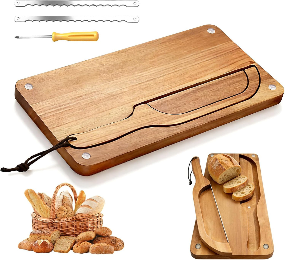 Wooden Bread Cutting Board with Bow Bread Slicer Set, Includes 2 Stainless Steel Blades and Removable Knife for Slicing Homemade Sourdough, Baguettes and Artisan Bread