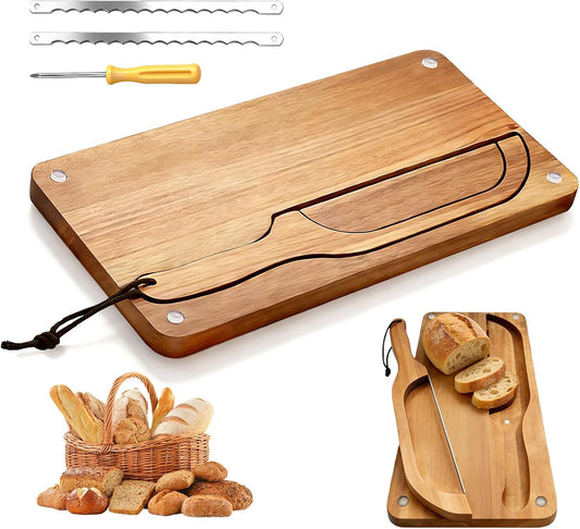 Wooden Bread Cutting Board with Bow Bread Slicer Set, Includes 2 Stainless Steel Blades and Removable Knife for Slicing Homemade Sourdough, Baguettes and Artisan Bread