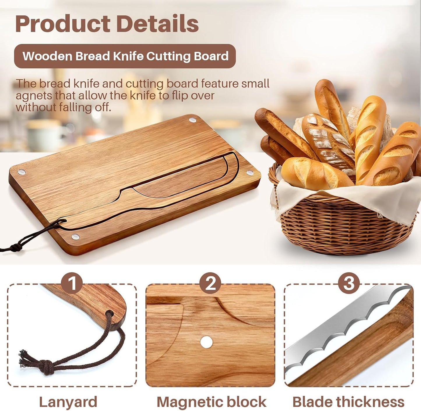 Wooden Bread Cutting Board with Bow Bread Slicer Set, Includes 2 Stainless Steel Blades and Removable Knife for Slicing Homemade Sourdough, Baguettes and Artisan Bread