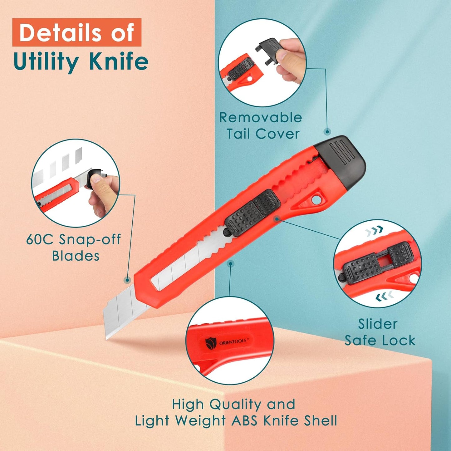Utility Knife Box Cutter Auto-lock 4-Pack Set, Retractable Box Cutter Snap Off Blades, for Office, Home, Arts, Crafts, Red and Yellow