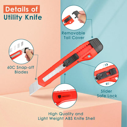 Utility Knife Box Cutter Auto-lock 4-Pack Set, Retractable Box Cutter Snap Off Blades, for Office, Home, Arts, Crafts, Red and Yellow