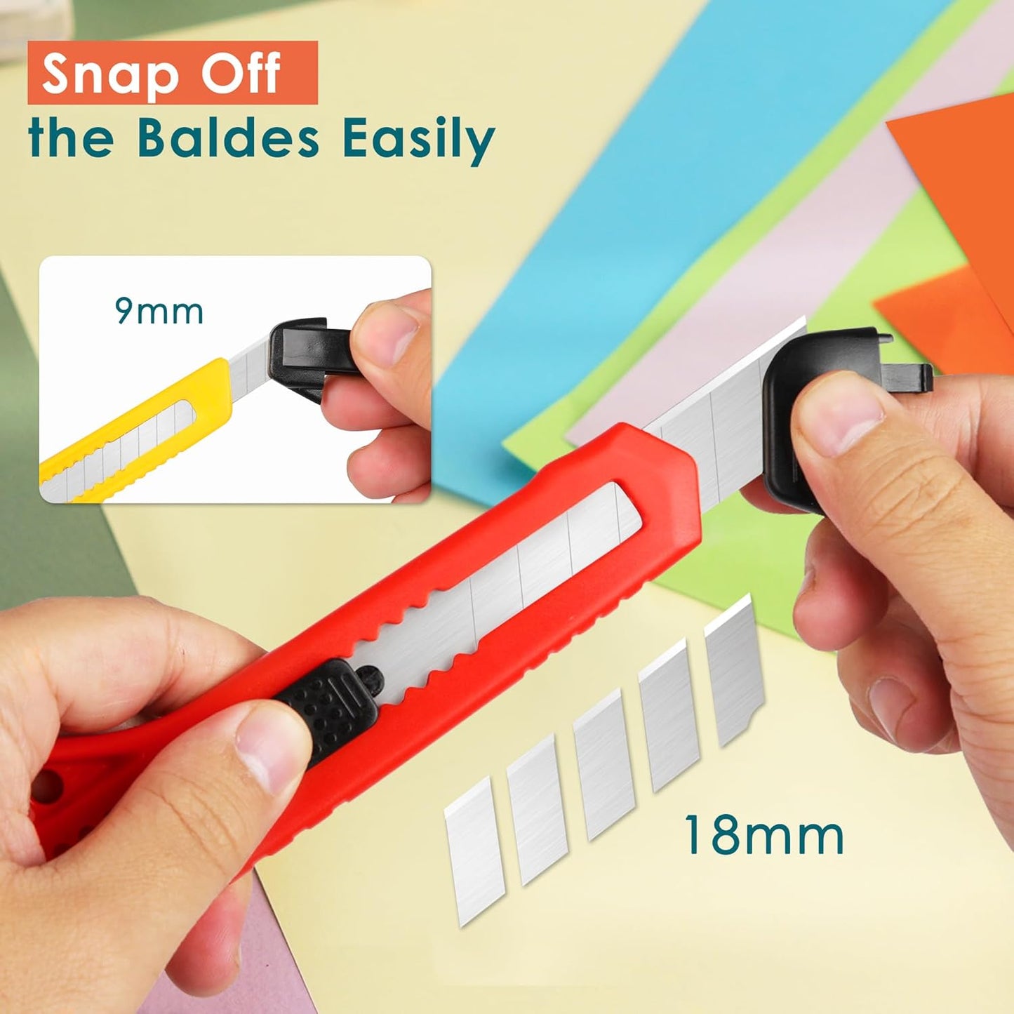 Utility Knife Box Cutter Auto-lock 4-Pack Set, Retractable Box Cutter Snap Off Blades, for Office, Home, Arts, Crafts, Red and Yellow