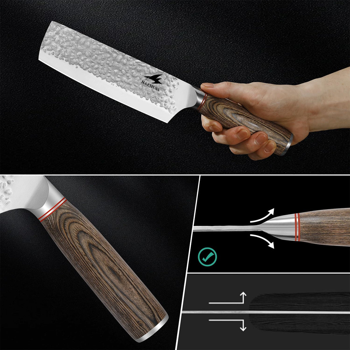 6.4 Inch Japanese Hammered Nakiri Knife, High Carbon Stainless Steel Kitchen Japanese Chef knive, Comfortable Grip Pakkawood Handle for Home and Kitchen
