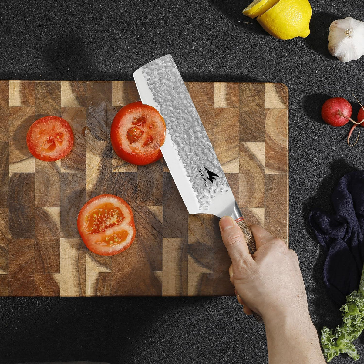 6.4 Inch Japanese Hammered Nakiri Knife, High Carbon Stainless Steel Kitchen Japanese Chef knive, Comfortable Grip Pakkawood Handle for Home and Kitchen