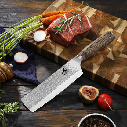 6.4 Inch Japanese Hammered Nakiri Knife, High Carbon Stainless Steel Kitchen Japanese Chef knive, Comfortable Grip Pakkawood Handle for Home and Kitchen