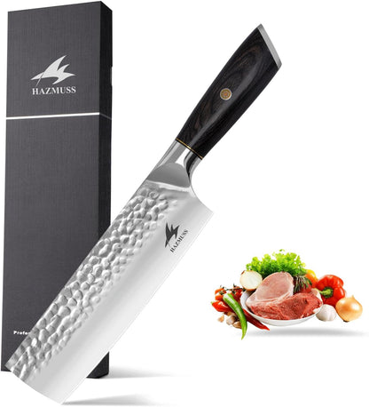 6.4 Inch Japanese Hammered Nakiri Knife, High Carbon Stainless Steel Kitchen Japanese Chef knive, Comfortable Grip Pakkawood Handle for Home and Kitchen