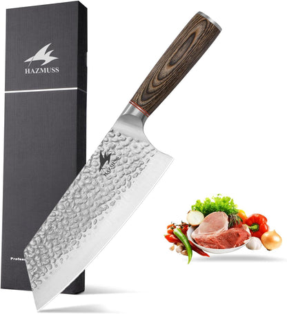 6.4 Inch Japanese Hammered Nakiri Knife, High Carbon Stainless Steel Kitchen Japanese Chef knive, Comfortable Grip Pakkawood Handle for Home and Kitchen